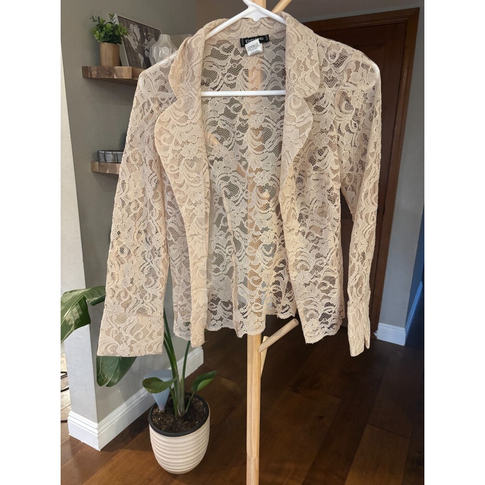Vintage Y2K bebe Lace Open Front Cardigan Jacket Small Cream Notch Collar USA - Picture 2 of 9